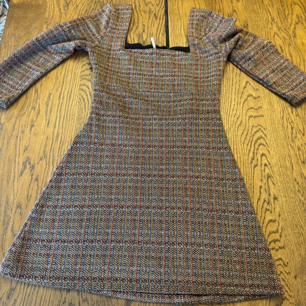 Free People Uptown‎ Girl Colorful Long Sleeve Dress Twill Tweed Plaid Preppy